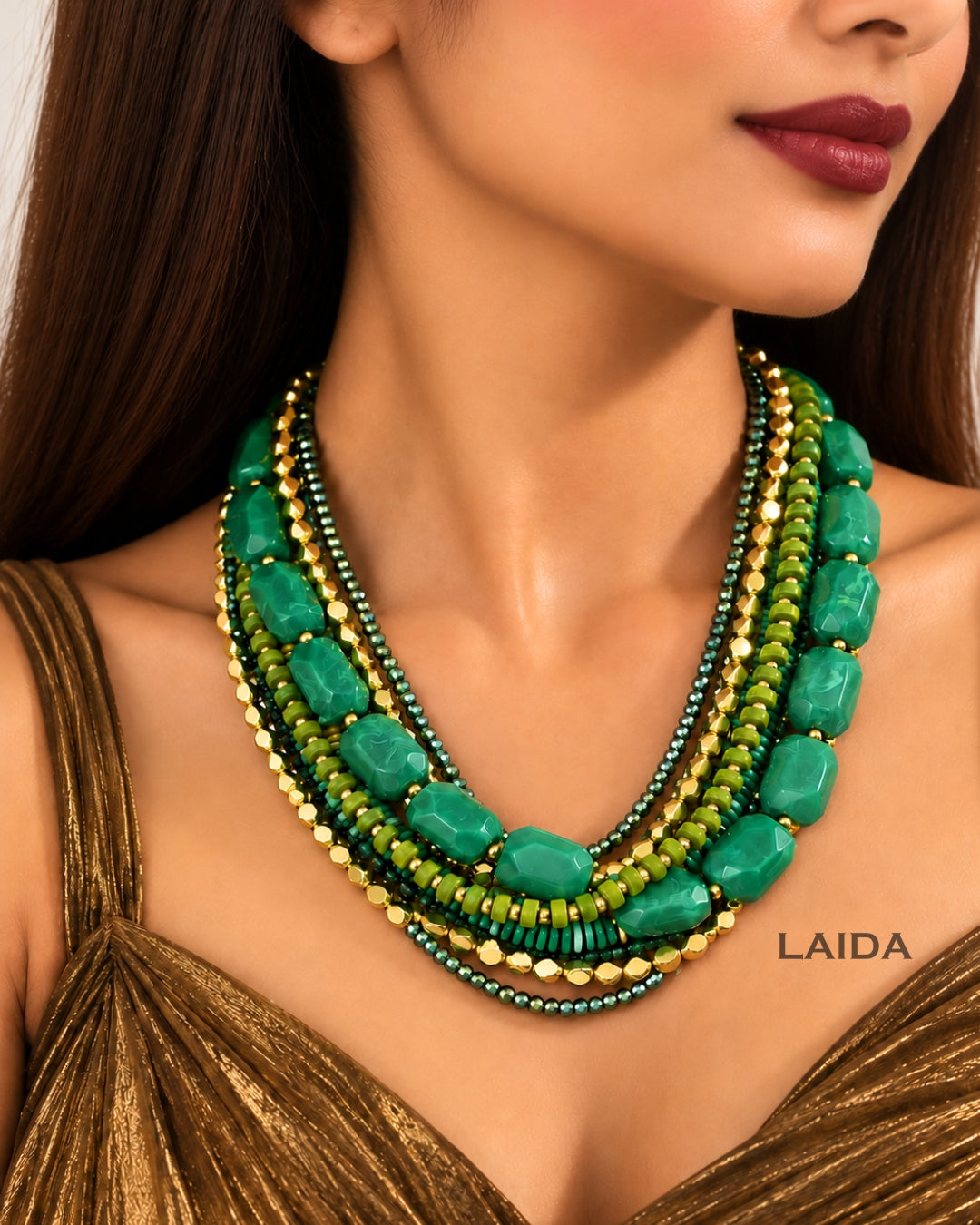 Green Multi Layered Beaded Necklace