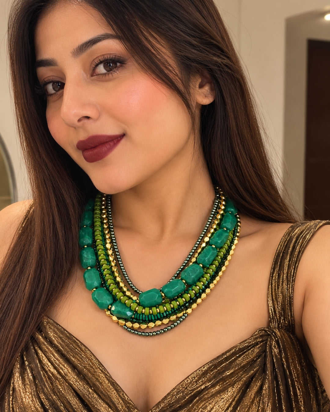 Green Multi Layered Beaded Necklace