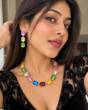 Multicolor Square Crystal Statement Necklace With Earrings