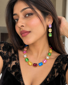 Multicolor Square Crystal Statement Necklace With Earrings