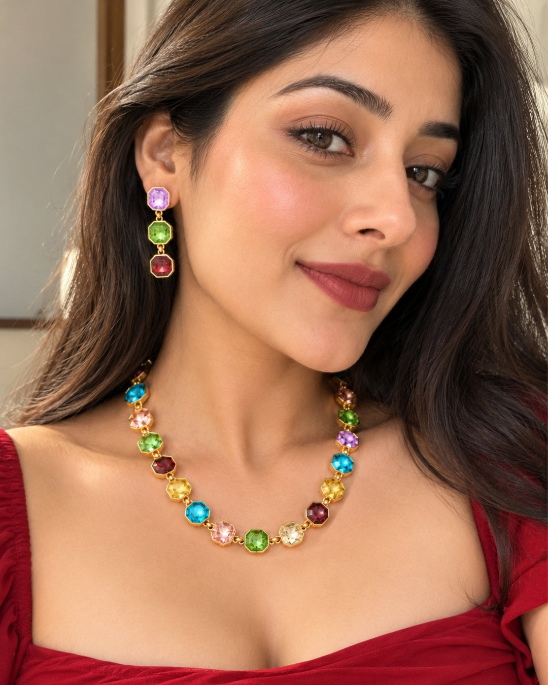 Multicolor Round Crystal Statement Necklace With Earrings