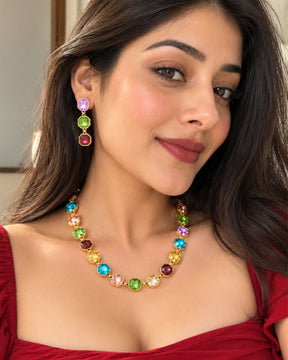 Multicolor Round Crystal Statement Necklace With Earrings