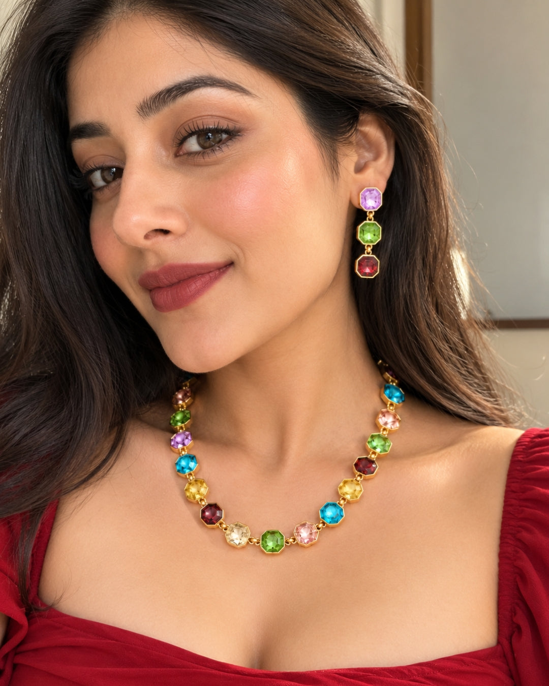 Multicolor Round Crystal Statement Necklace With Earrings