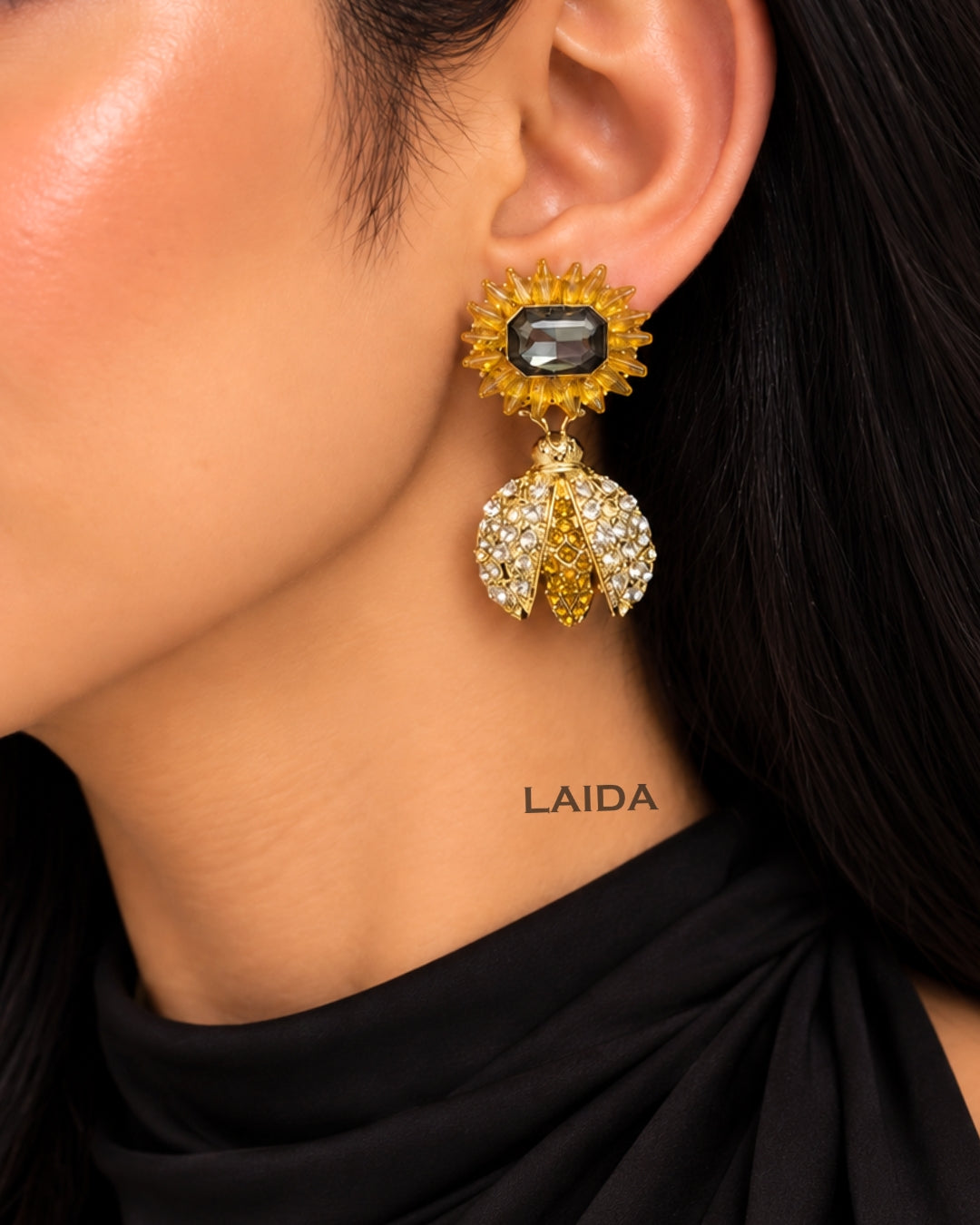 Vintage Sunflower Rhinestone Bee Drop Earrings