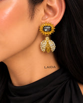 Vintage Sunflower Rhinestone Bee Drop Earrings