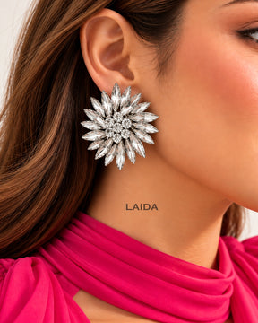 Silver Bling Flower Rhinestone Stud Earrings