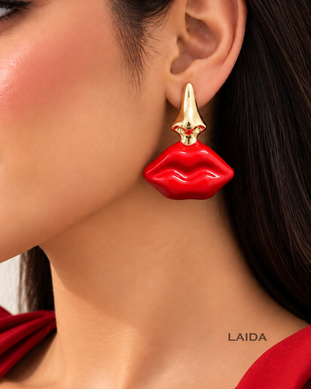 Red Enamel Lip-Shaped Drop Earrings