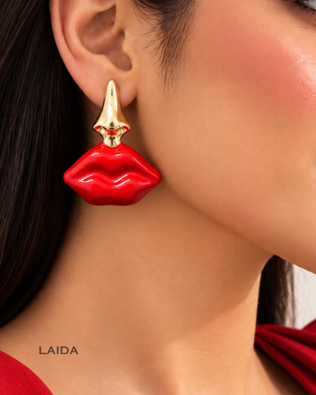 Red Enamel Lip-Shaped Drop Earrings