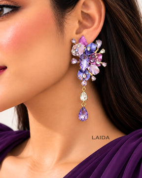 Purple Rhinestone Flower Tassel Drop Earrings