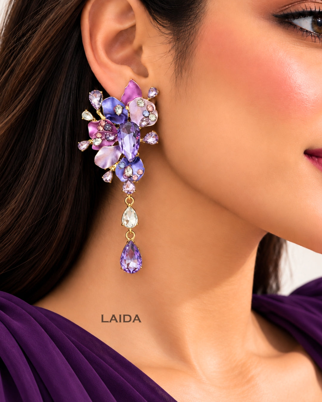 Purple Rhinestone Flower Tassel Drop Earrings