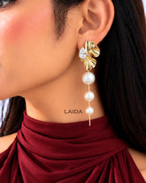 Pearl Golden Flower Petal Tassel Drop Earrings