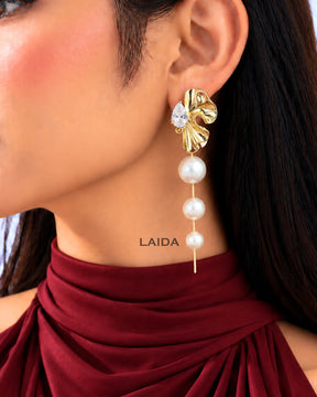 Pearl Golden Flower Petal Tassel Drop Earrings