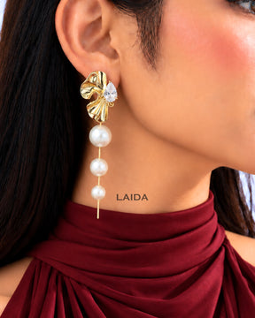 Pearl Golden Flower Petal Tassel Drop Earrings