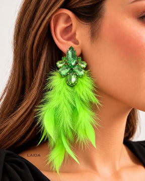 Green Rhinestone Feather- Lite Drop Earrings