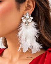 White Rhinestone Feather- Lite Drop Earrings