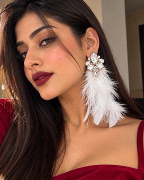 White Rhinestone Feather- Lite Drop Earrings
