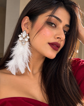 White Rhinestone Feather- Lite Drop Earrings