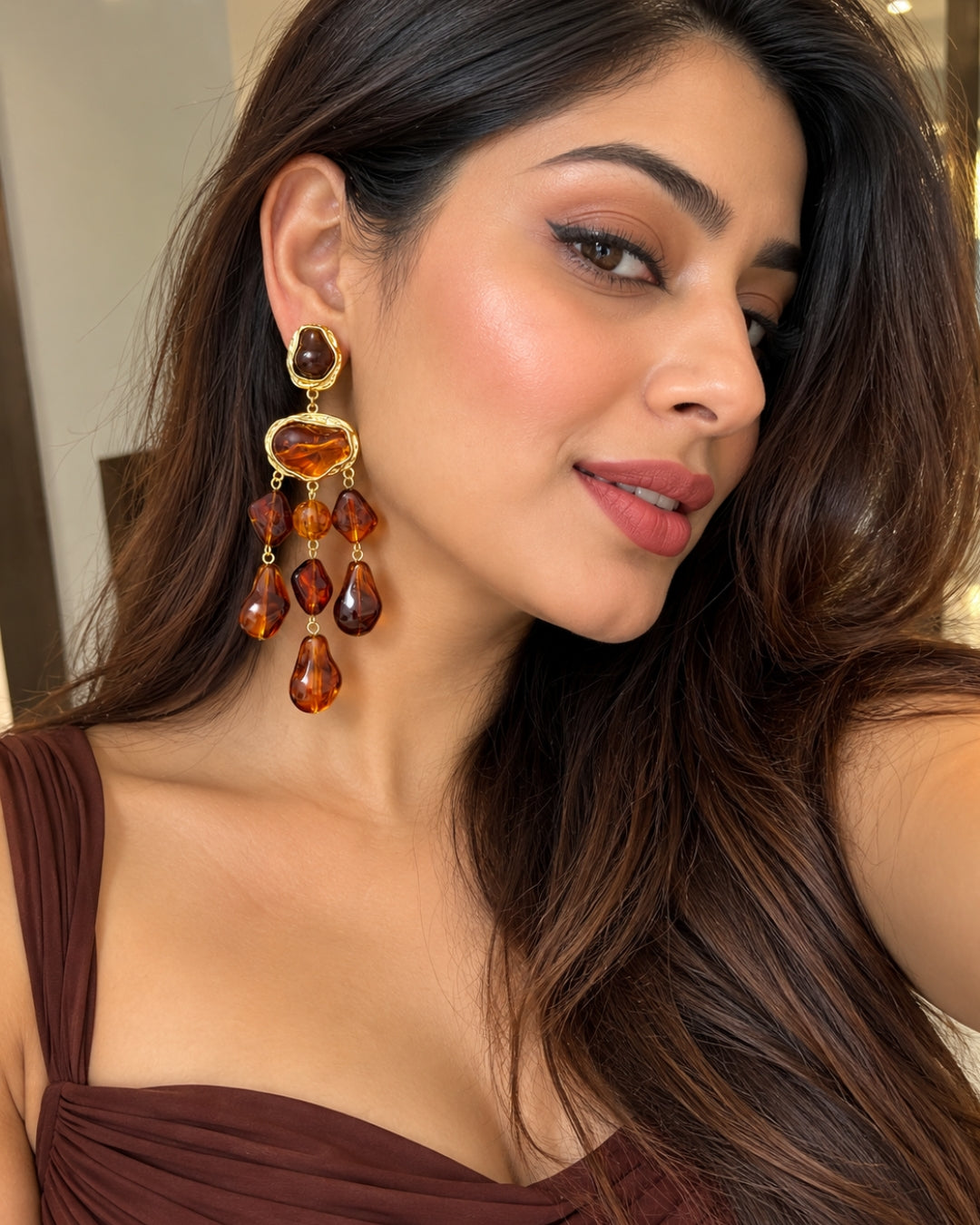 Retro Brown Gemstone Drop Earrings