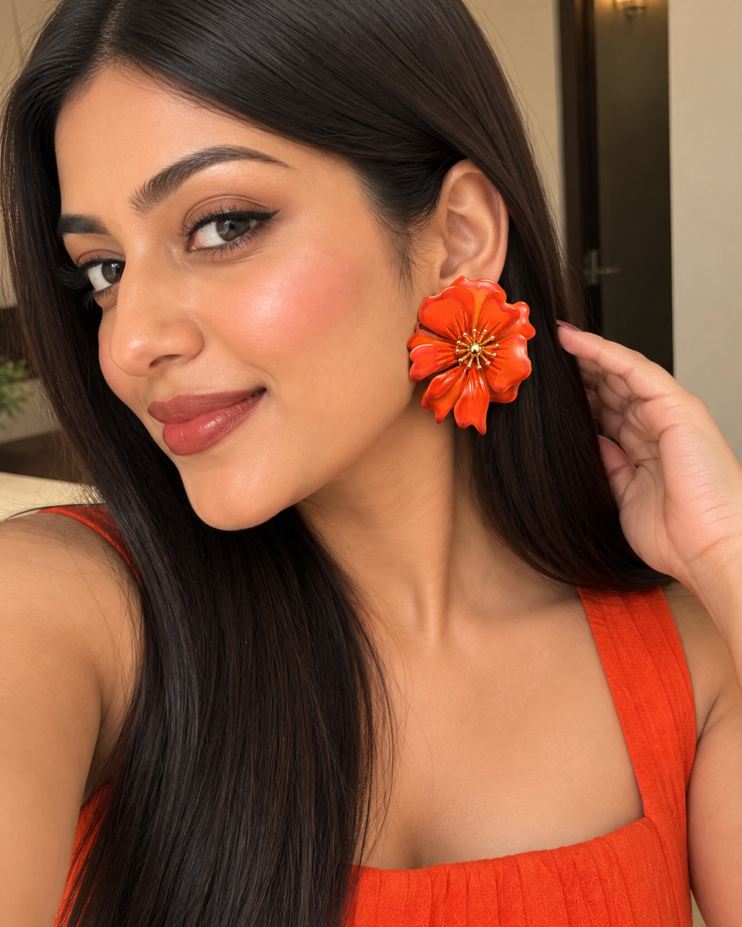 Vintage Orange Floral Stud Earrings