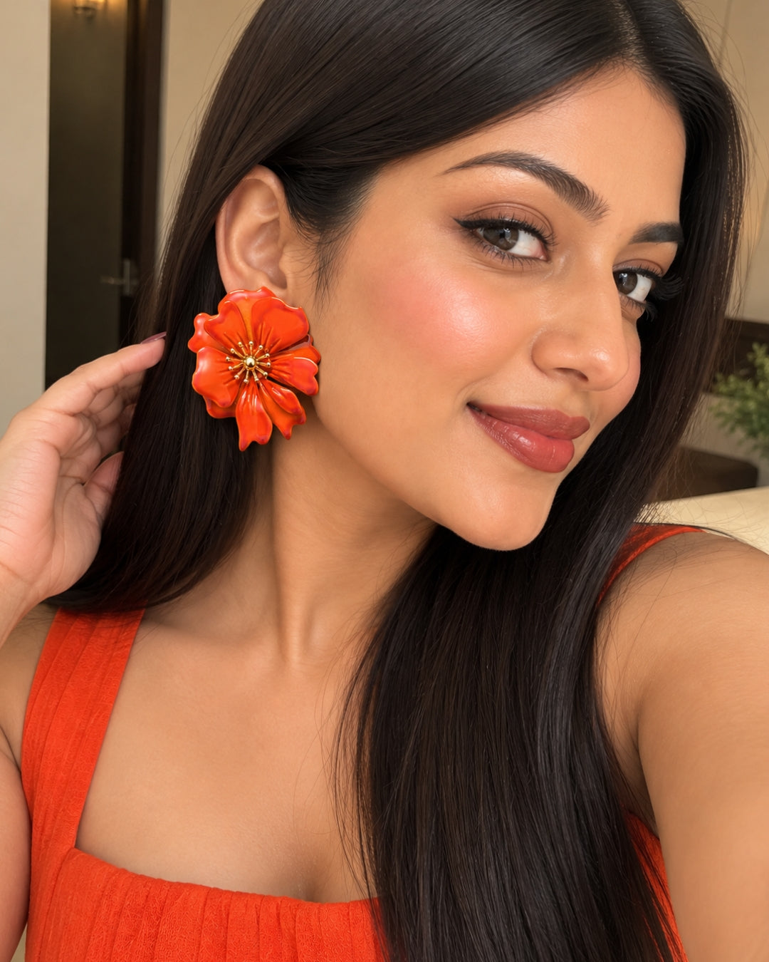 Vintage Orange Floral Stud Earrings