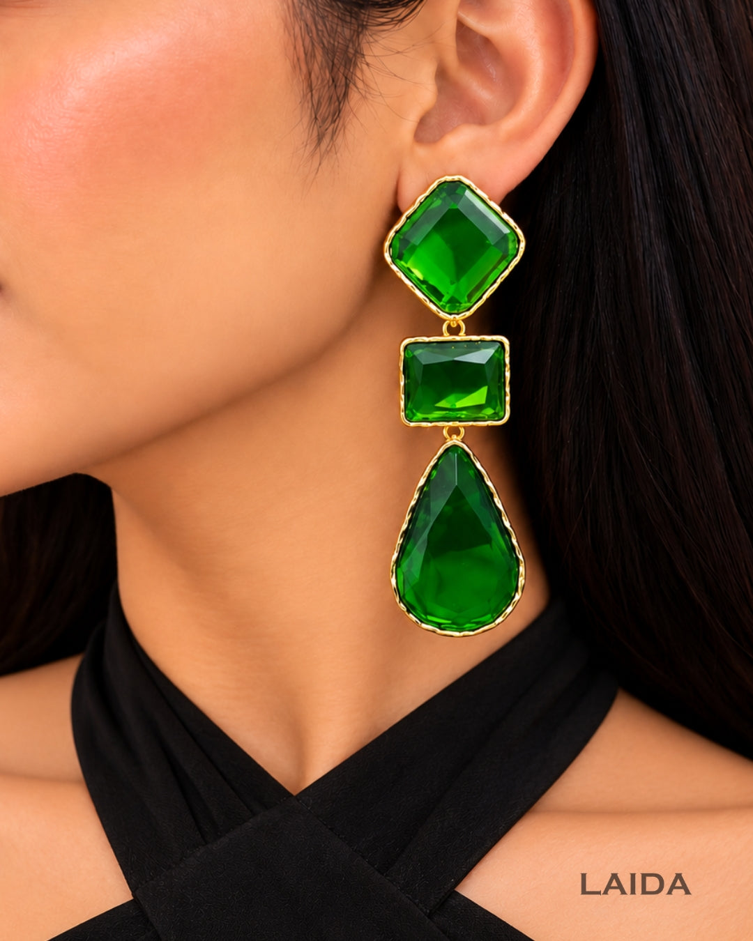 Maya Clear Crystal Green Statement Earrings
