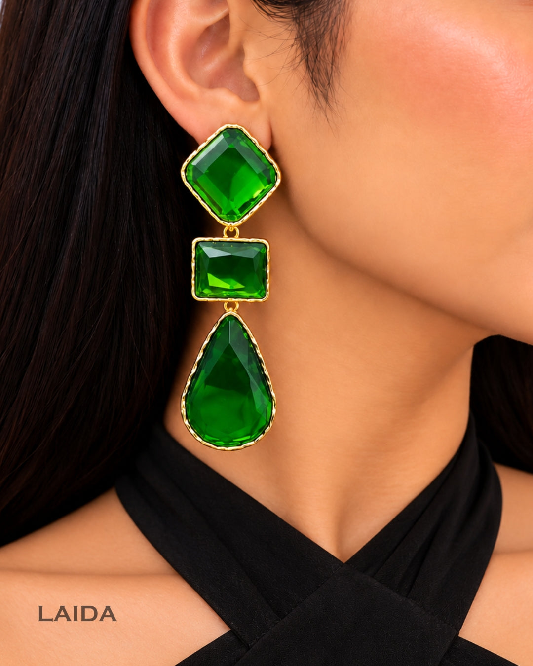 Maya Clear Crystal Green Statement Earrings