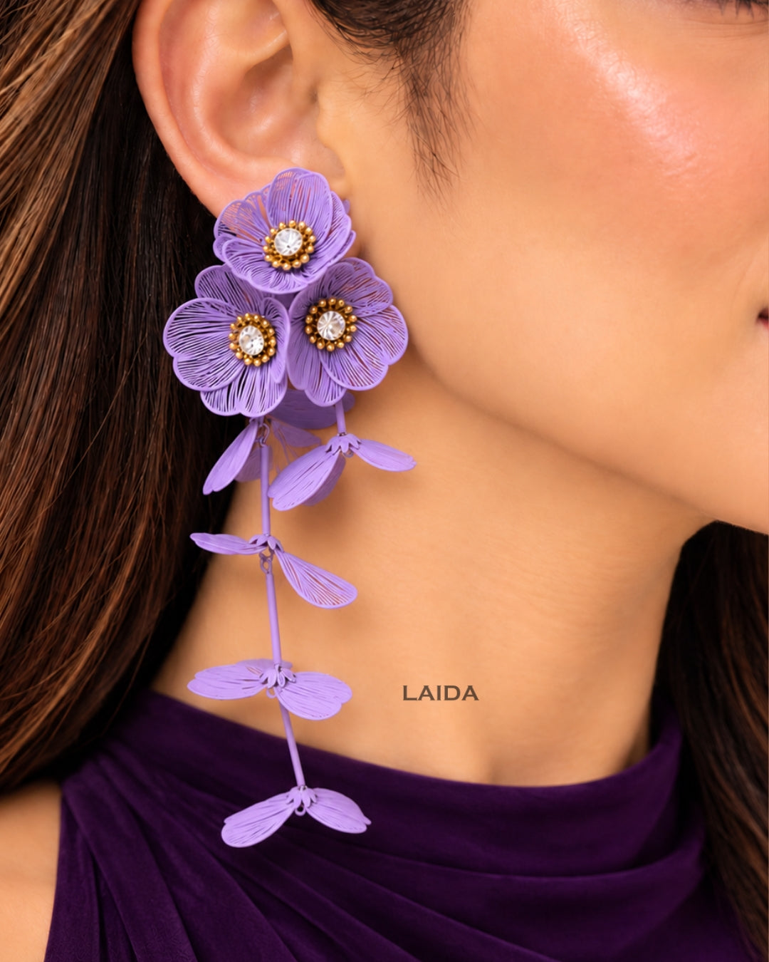 Purple Floral Statement Drop Earrings