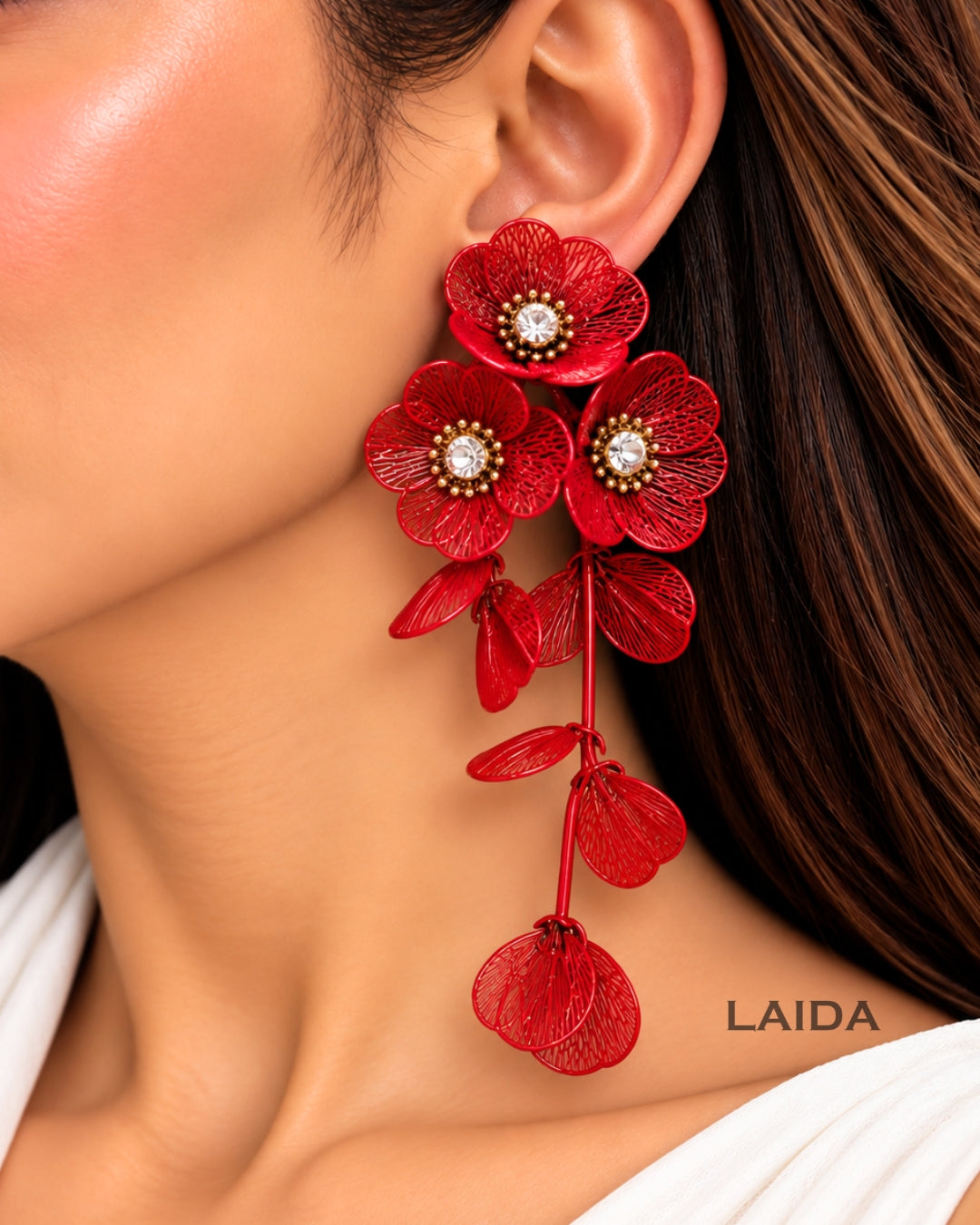 Red Floral Statement Drop Earrings