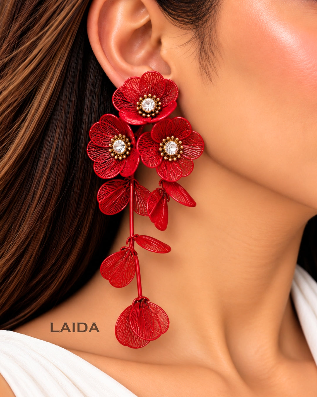 Red Floral Statement Drop Earrings