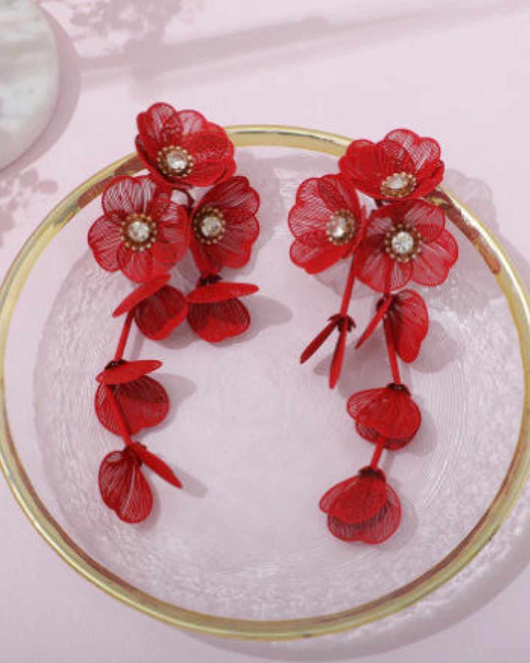 Red Floral Statement Drop Earrings