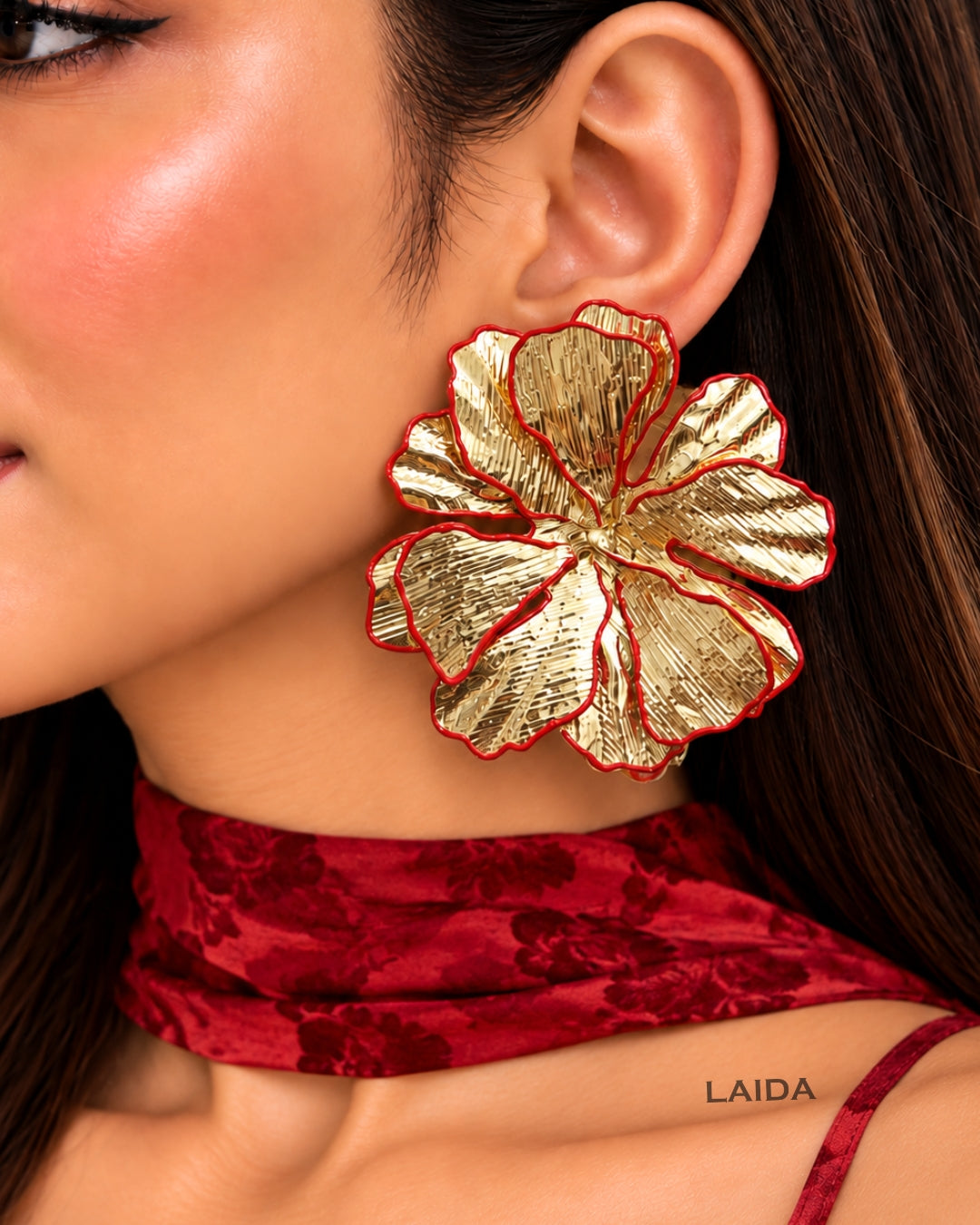 Red And Golden Floral Statement Stud Earrings
