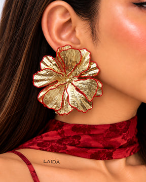 Red And Golden Floral Statement Stud Earrings
