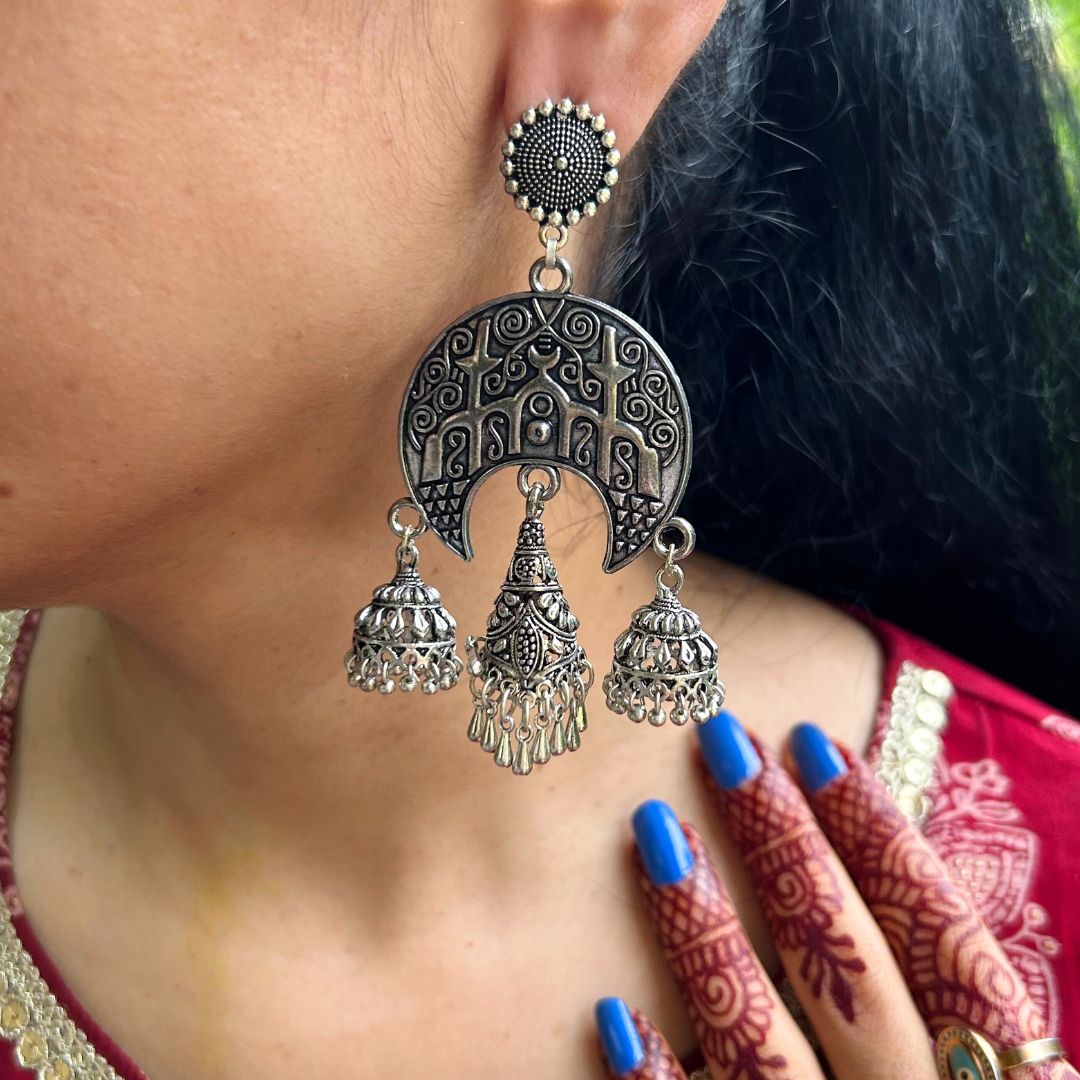 Silver-Plated Oxidised Crescent Shaped Jhumkas
