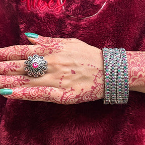 Laida Set Of 4 Oxidized Silver-Plated Pink & Green Stone-Studded Bangles