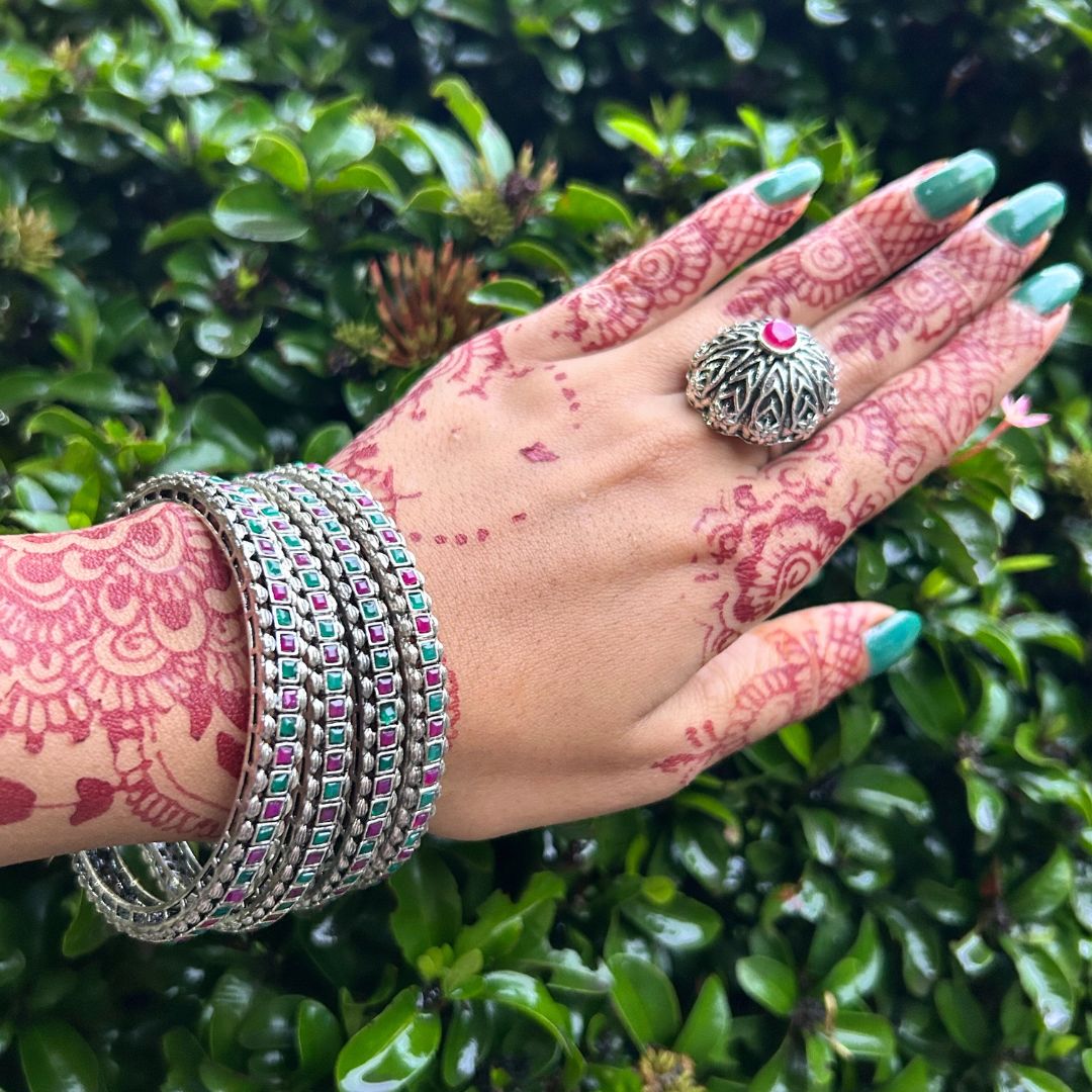 Laida Set Of 4 Oxidized Silver-Plated Pink & Green Stone-Studded Bangles