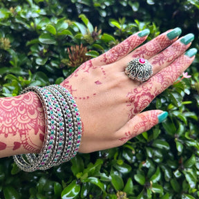 Laida Set Of 4 Oxidized Silver-Plated Pink & Green Stone-Studded Bangles