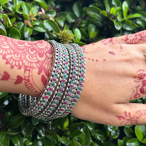 Laida Set Of 4 Oxidized Silver-Plated Pink & Green Stone-Studded Bangles