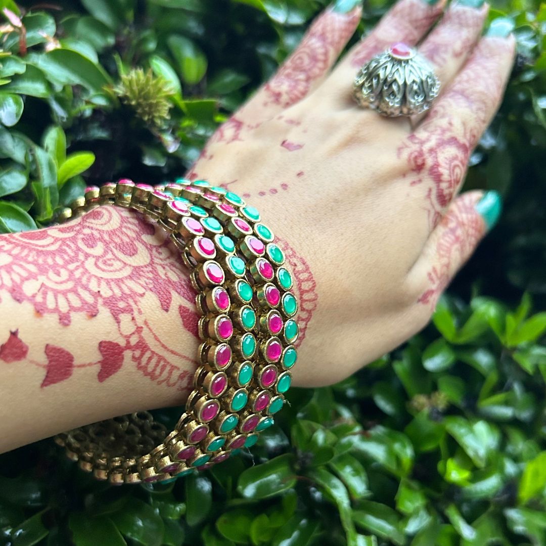 Laida Set Of 4 Gold-Plated Red & Green Stone-Studded Bangles