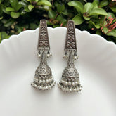 Silver-Plated Oxidised Contemporary Jhumkas Earrings
