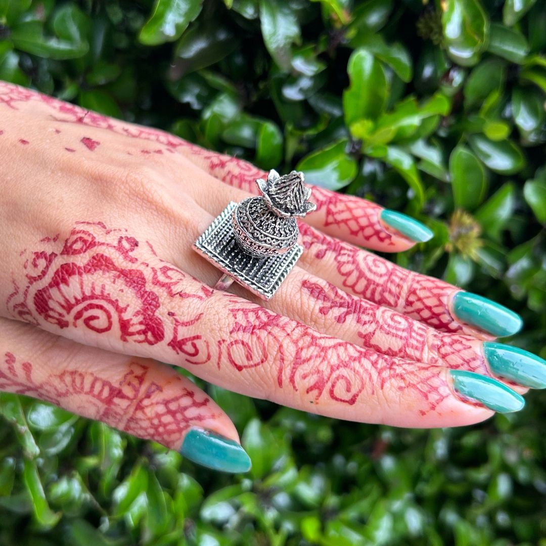Kalash Silver Oxidised Adjustable Finger Ring