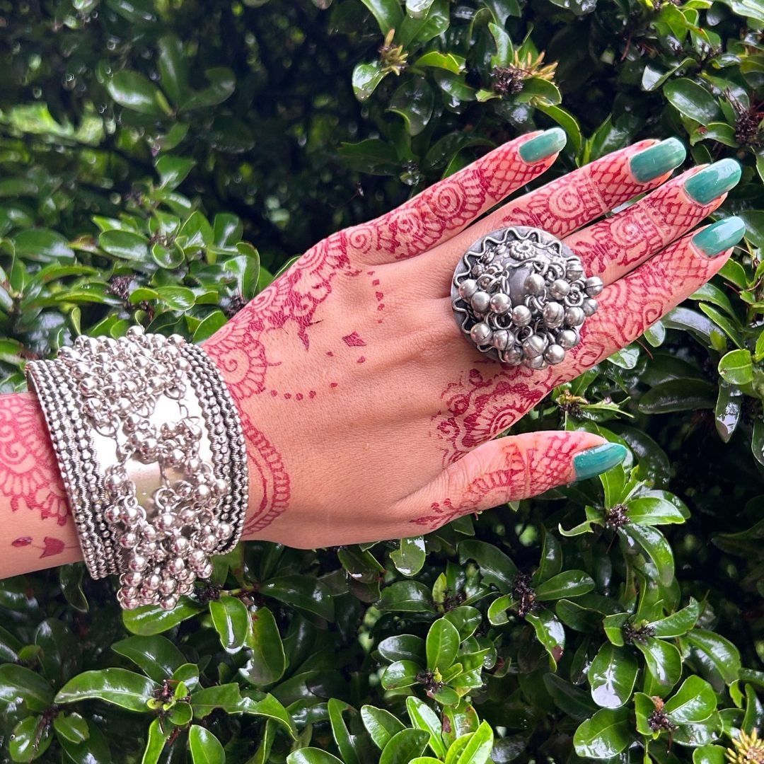 Mayah Ghungroo Silver Oxidised Cuff Bracelet