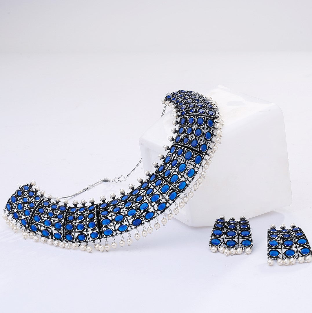 Laida Blue Silver Plated BlueStone-Studded Jewellery Set