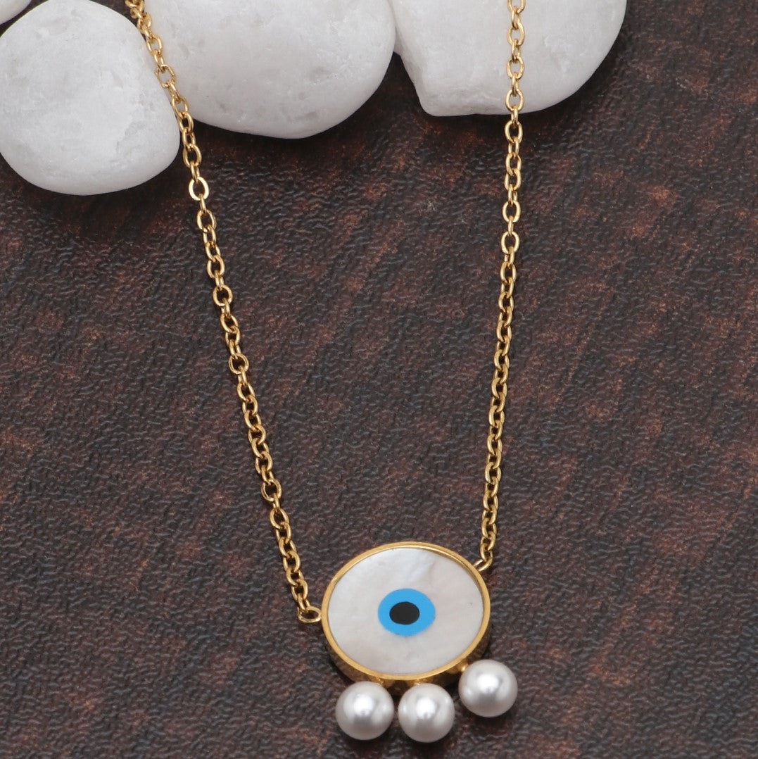 LAIDA Gold Plated White Evil Eye Pendant With Pearls