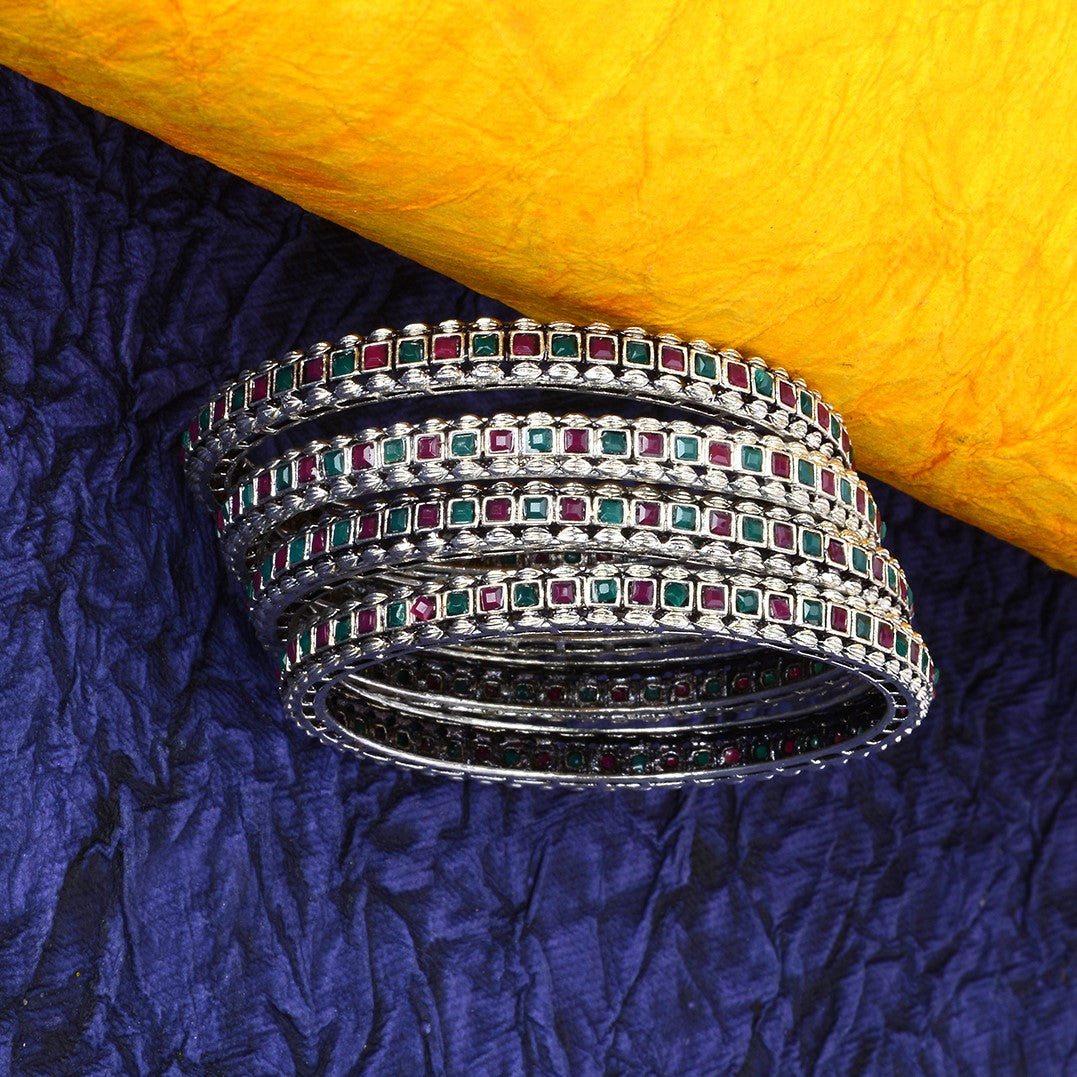 Laida Set Of 4 Oxidized Silver-Plated Pink & Green Stone-Studded Bangles