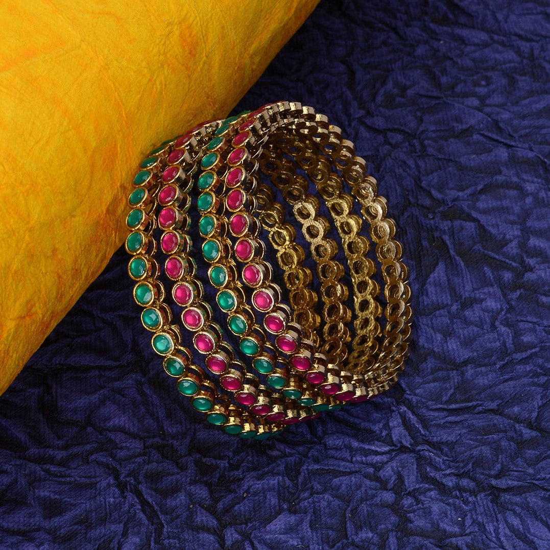 Laida Set Of 4 Gold-Plated Red & Green Stone-Studded Bangles