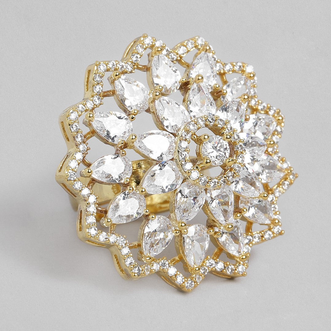 Laida Gold-Plated Handcrafted American Diamond Studded Floral Ring