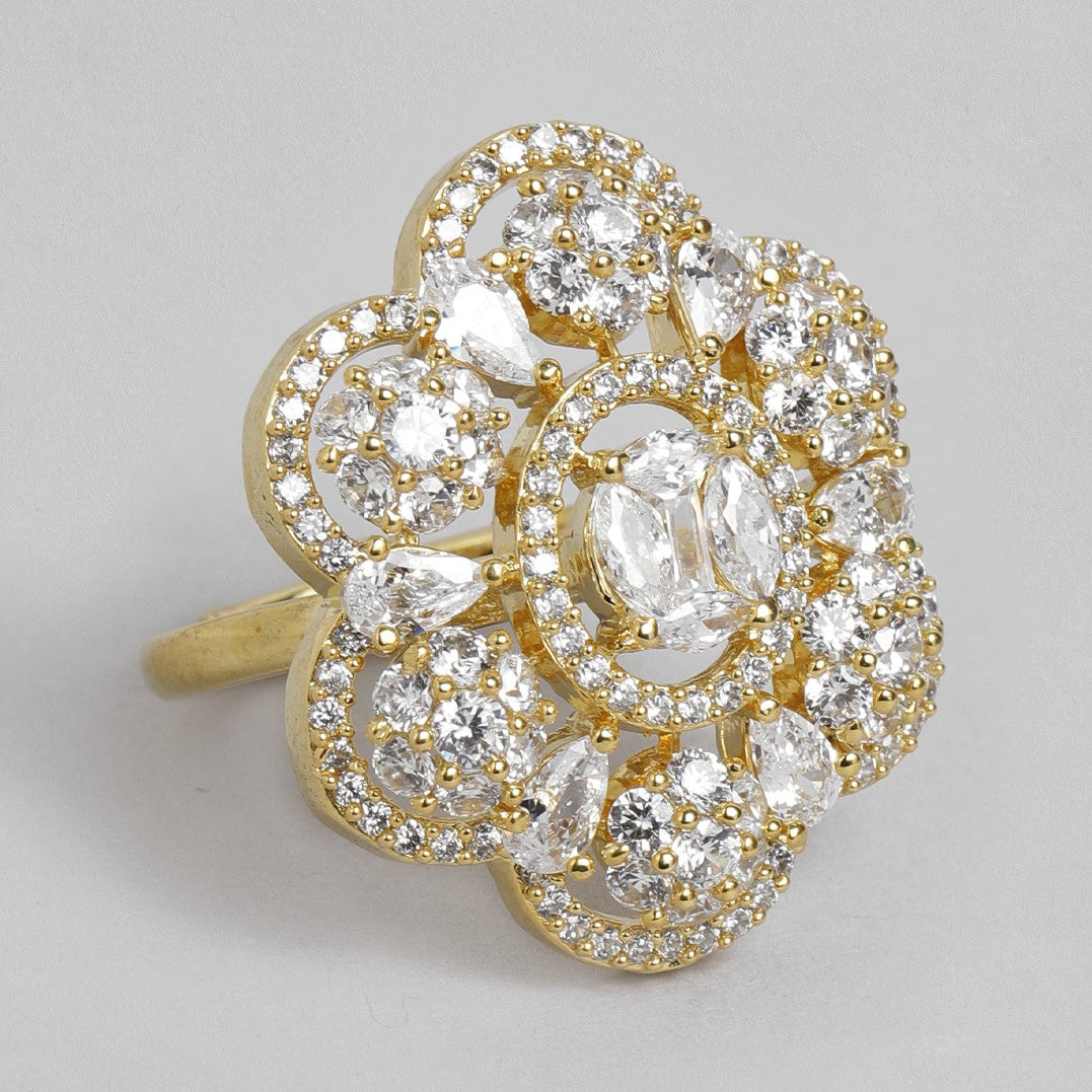 Laida Gold-Plated Handcrafted American Diamond Studded Floral Ring