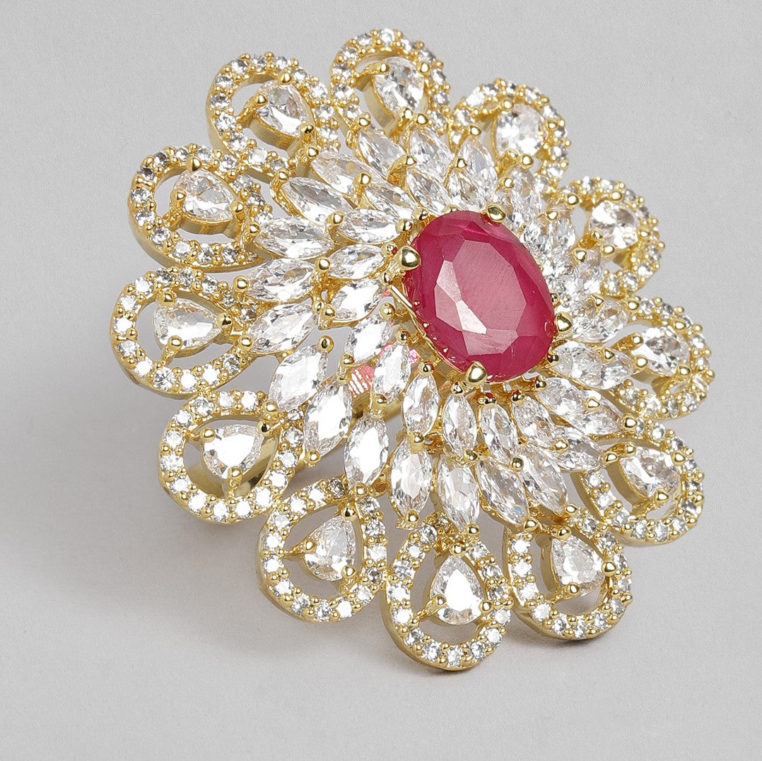 Ruby Handcrafted American Diamond Studded Floral Ring