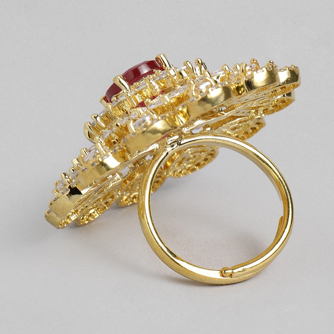 Ruby Handcrafted American Diamond Studded Floral Ring