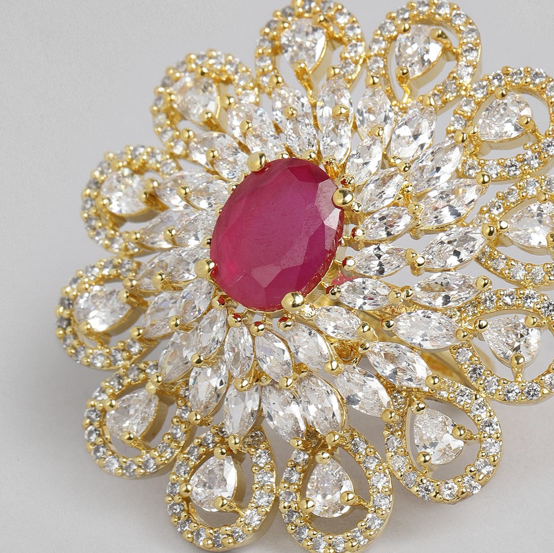 Ruby Handcrafted American Diamond Studded Floral Ring